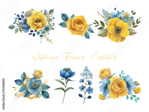 set water color flowers, color yellow very detailed, which is suitable for white background wedding templates