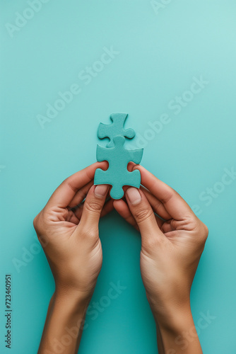 Conceptual image of hands holding puzzle piece on teal background symbolizing solution finding and strategy