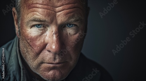 A middleaged man with a scar on his forehead and a distant expression masking the emotional scars of abuse.