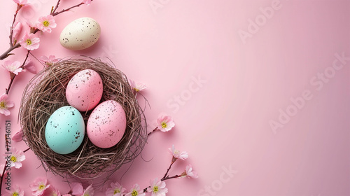 Colorful easter eggs in nest and flowers on pink background with copy space. Flat lay. Banner 