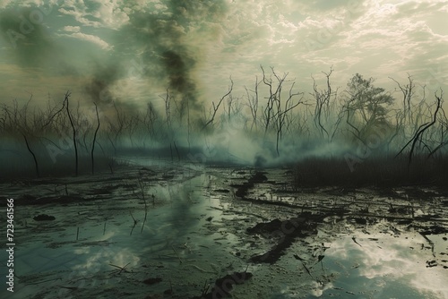 eerie swamp landscape with toxic mist, generative AI © avrezn