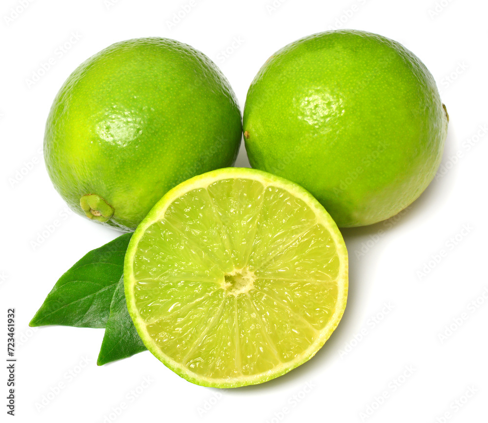 Lime fruit whole and slice with leaves isolated on white background