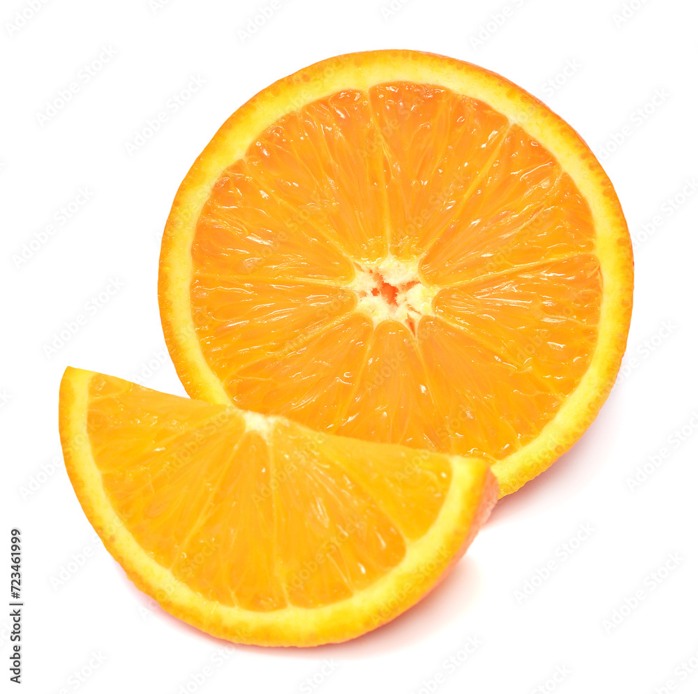 Orange fruit half and slice isolated on white background Orange fruit half and slice isolated on white background