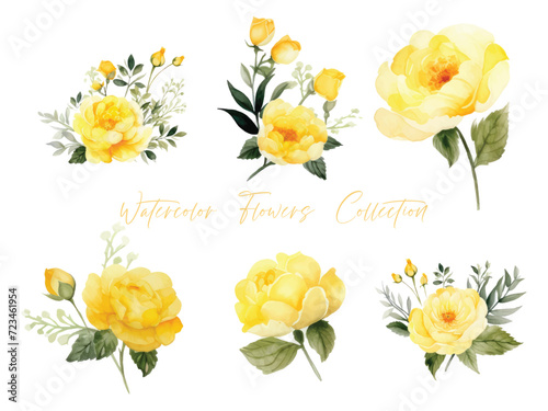 set water color flowers, color yellow very detailed, which is suitable for white background wedding templates