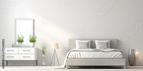 Contemporary bedroom with mirrored dresser isolated on white background. © Vusal