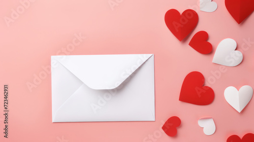 Ein weißer Briefumschlag, mit roten und weißen Herzen umgeben, auf rosanem Hintergrund.