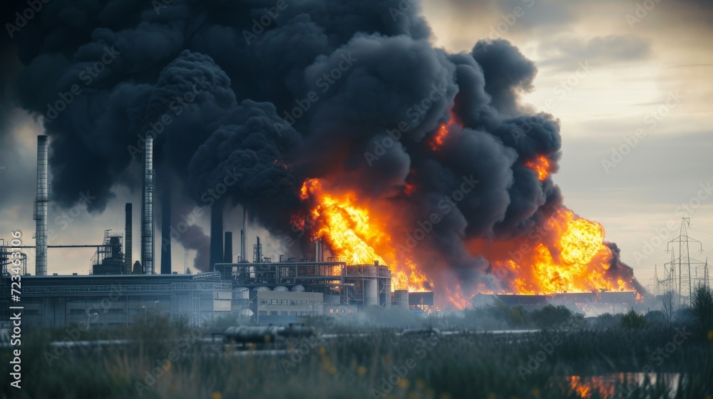 Factory fire burning with black smoke Factory fire burning with black smoke