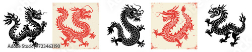 Chinese dragon Chinese New Year theme Black and White Silhouette Vector Laser Cut T- Shirt Design Print Bundling Generative Ai © vectorartsvg