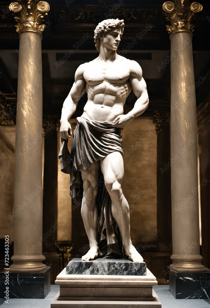 Obraz premium 神の古典的なギリシャ彫刻、神話の像|Classical Greek sculpture of a god. mythological statue. Generative AI