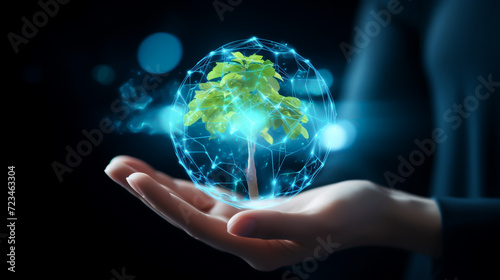 vector realistic world environment day concept  3d rendering hand holding world with four house and tree on world Generated by AI