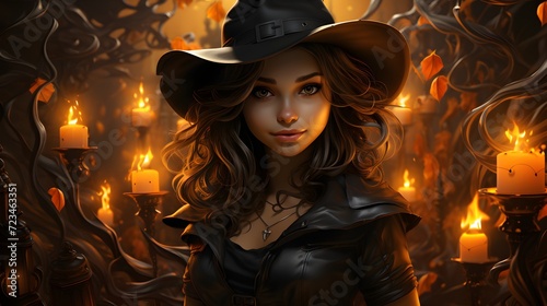 halloween background with a witch dressed in black in cartoon style