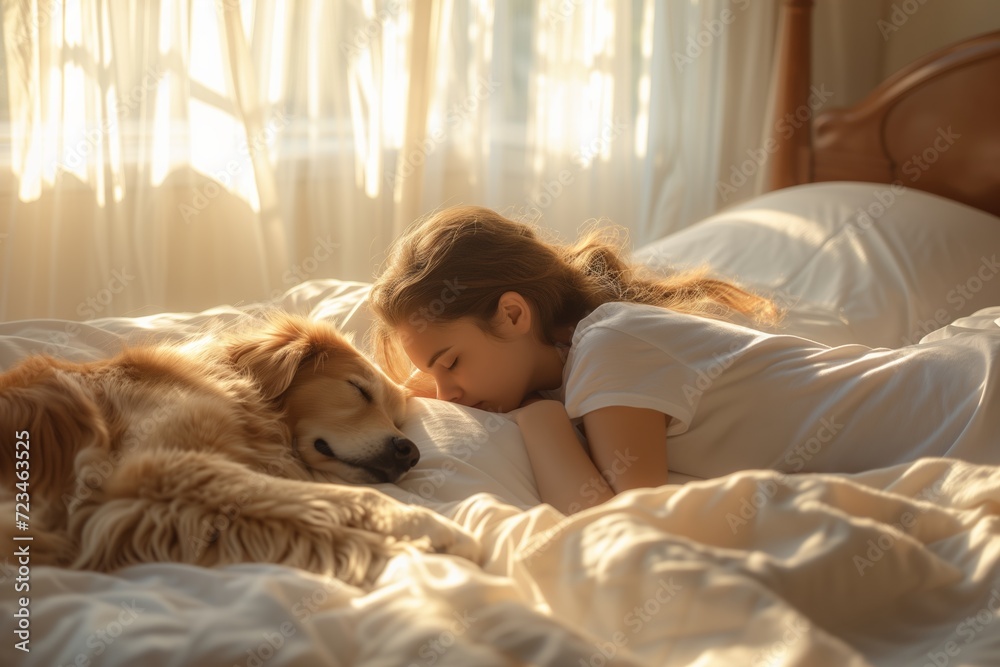 A young female person and their golden retriever enjoying a peaceful sleep together in a sunlit bedroom A young female person and their golden retriever enjoying a peaceful sleep together in a sunlit bedroom