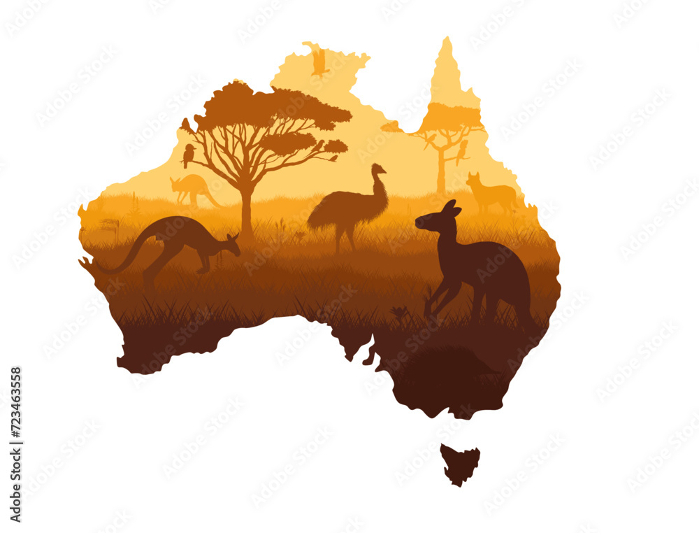 Vector map of Australia with acacia tree, kangaroo, cockatoo, dingo ...