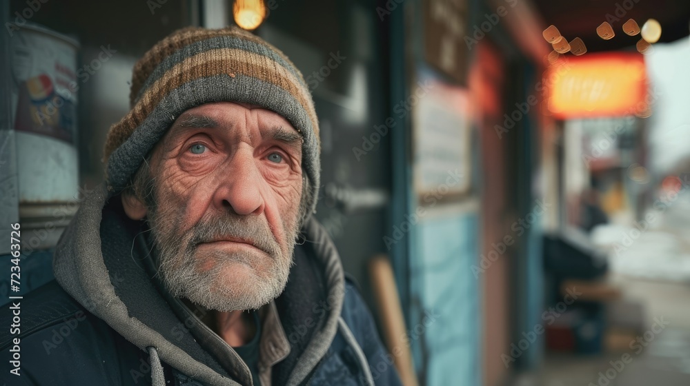 A homeless man stands outside a closed soup kitchen highlighting the unequal access to resources during times of crisis.