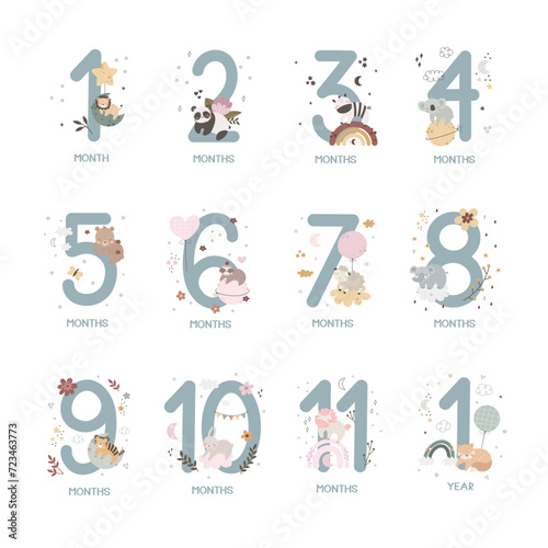 Cartoon set with Baby milestone cards. Cartoon animals, numbers, hand drawing lettering, decor elements. Colorful vector illustration, flat style. design for greeting cards, print, poster