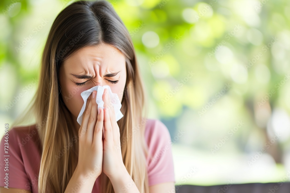 Woman sneezing into a paper tissue. Concept of allergies, colds and getting sick. Woman sneezing into a paper tissue. Concept of allergies, colds and getting sick.