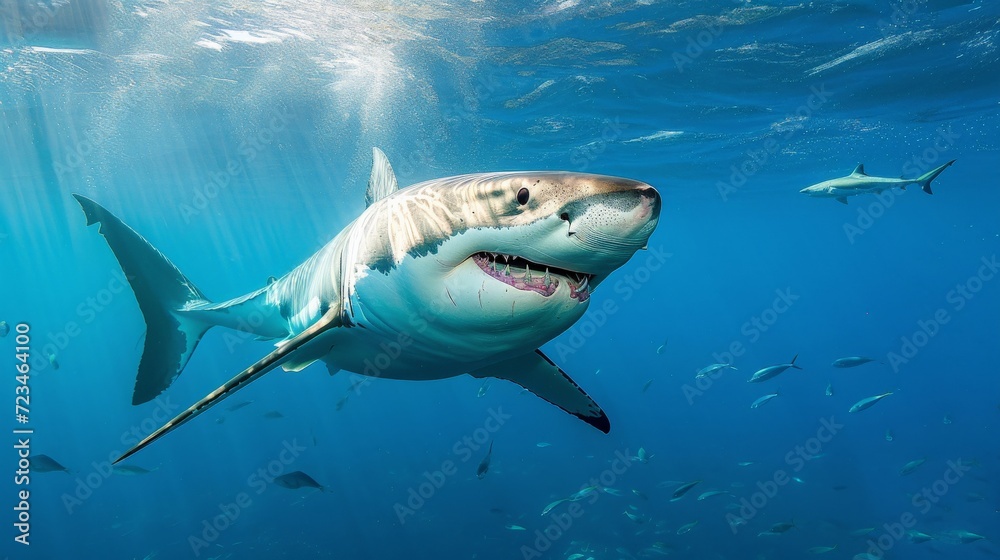 Obraz premium Great White Shark Underwater Photo in Open Water