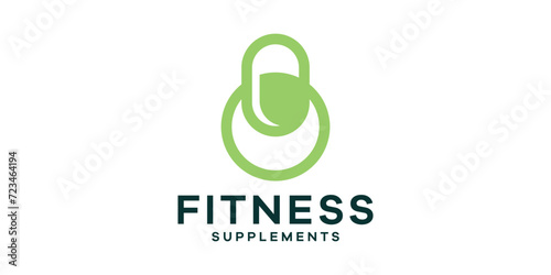 logo design combination of pills with gym equipment, logo design template symbol icon idea.