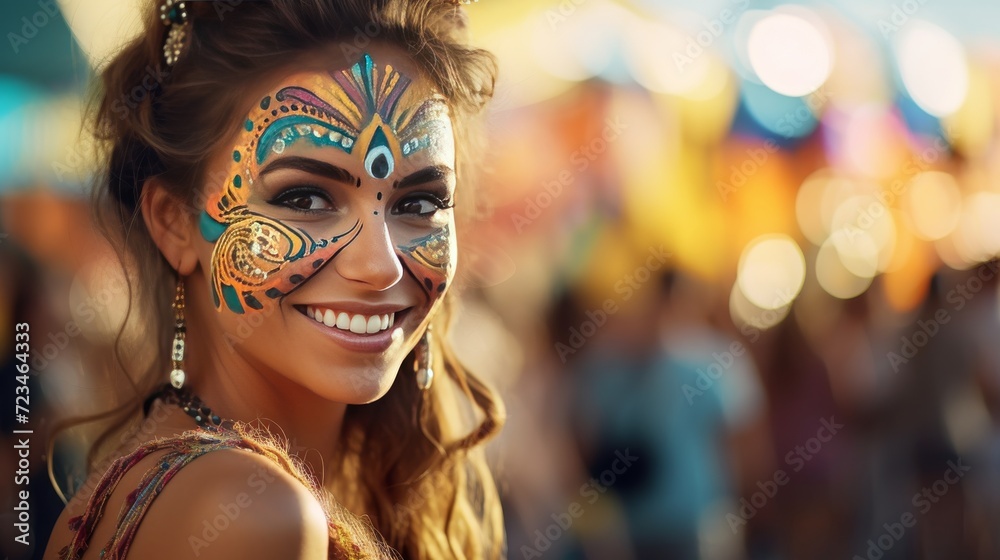  woman's face, half-painted with colorful festival motifs, smiling at a summer street fair. The background is a blur of festival lights and colors. 