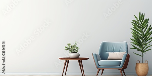 Modern living room interior design with armchair, sofa, plants, painting, wooden furniture, side table, and elegant accessories. Template with copy space.