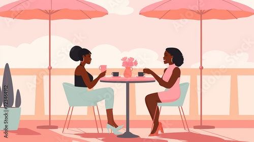 In this elegant illustration, two women share a peaceful coffee date under pastel umbrellas, with a soft pink hue enveloping a rooftop setting.