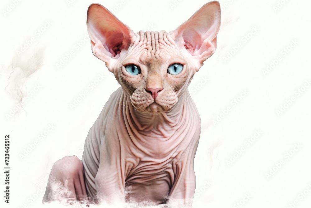Portrait of a cat of the Sphynx breed. Cute blue eyed pink kitten. White background. AI Generated 