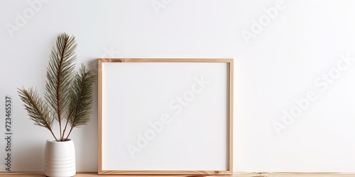 Scandinavian winter vibes with minimalist Christmas decor. Vase with pine tree branches on a table, framed art display on a blank wooden frame against a white wall.