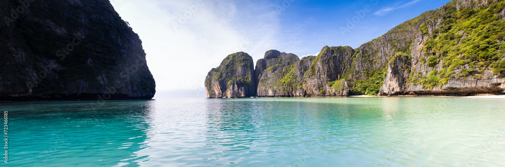 Panoramic landscape of the Maya Bay in the Phi Phi Islands, Thailand