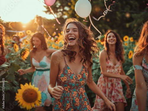 Photo of a group of joyful women in colorful summer dresses, dancing in a garden full of sunflowers and roses, centered composition with a focus on the smiling faces, 