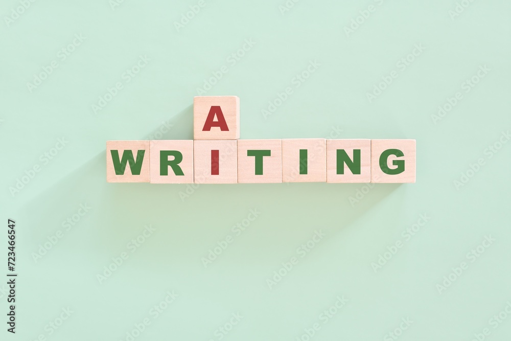 AI or artificial intelligence writing concept. Crossword puzzle flat lay typography in green background.