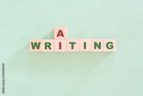 Obraz na płótnie AI or artificial intelligence writing concept. Crossword puzzle flat lay typography in green background. w salonie