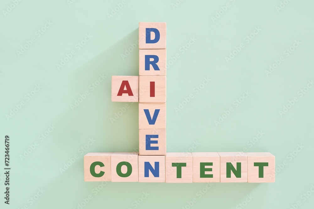 AI or artificial intelligence driven content concept. Crossword puzzle flat lay typography in green background.