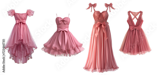 Chiffon elegant pink coquette style dresses with pink ribbons over isolated transparent background