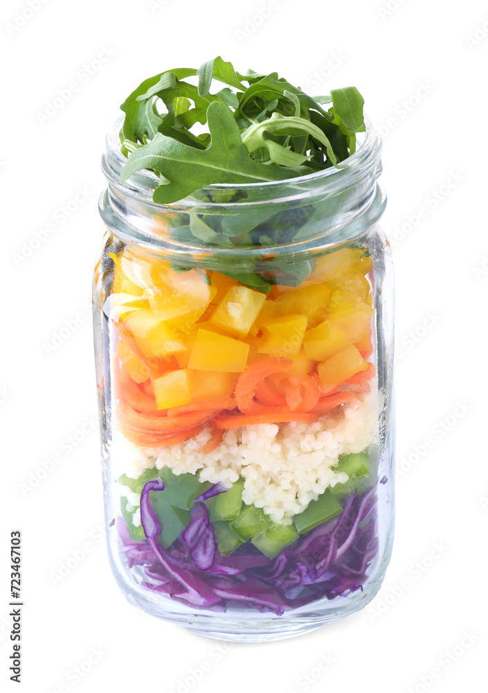 Healthy salad in glass jar isolated on white