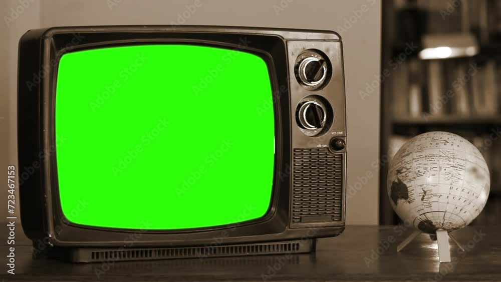 Old Television Turning On Green Screen. Close Up. Sepia Tone. You can