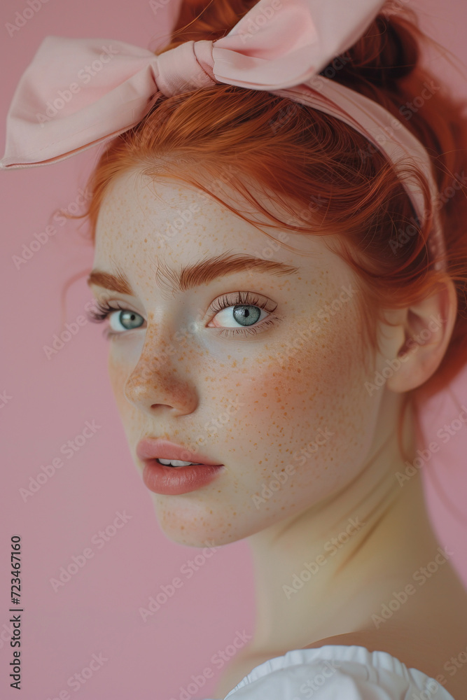 Close up image of redheaded woman with freckles wearing coquette pink head ribbon. Vertical shot Close up image of redheaded woman with freckles wearing coquette pink head ribbon. Vertical shot