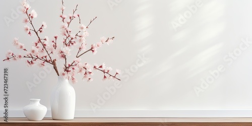 Scandinavian minimal design with white room, sakura in vase, wooden table, and spring decoration ideas.