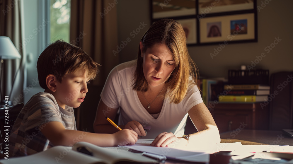 Mom helping son with homework at home Mom helping son with homework at home