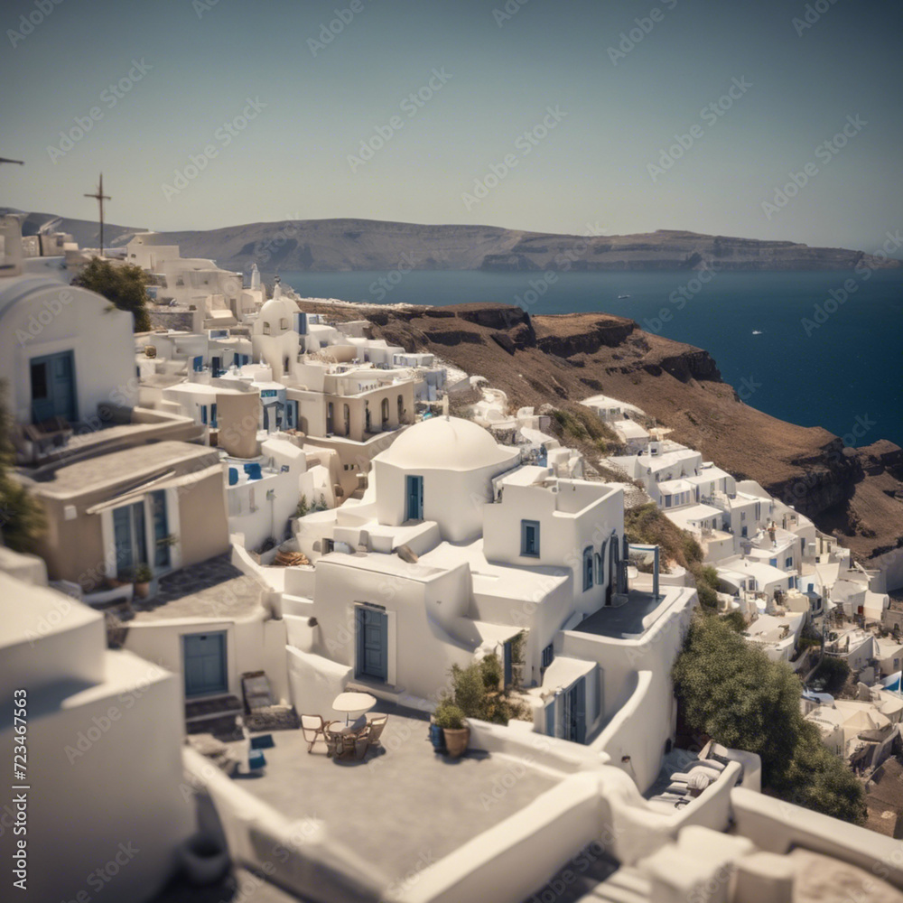 Charming Santorini, island with pristine beaches, and iconic white buildings, Mediterranean, high detail, seascape, cinematic