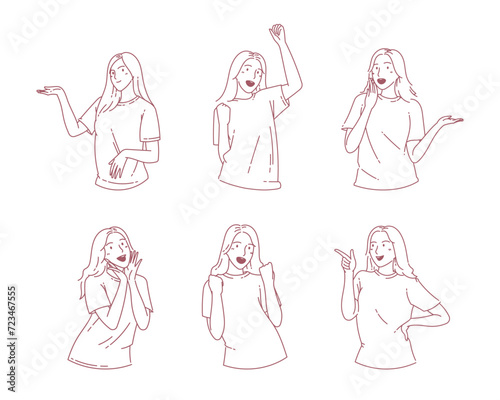 Various behavior pose happy expression woman character. Hand drawn line art doodle style vector design illustrations.