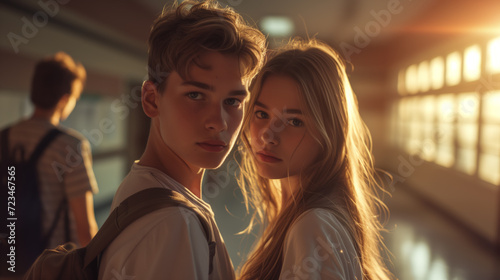 A young teenage couple in the school hallway