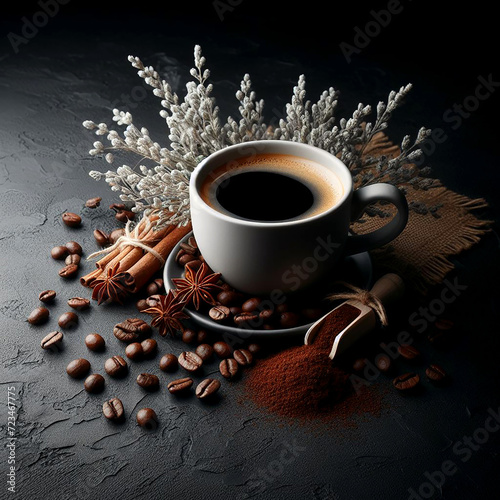 Cup of coffee with coffee beans on black background