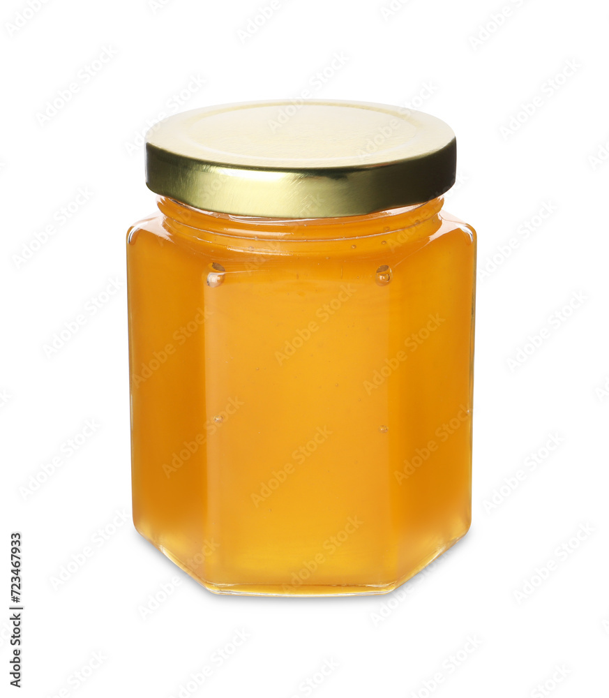 Tasty honey in glass jar isolated on white Tasty honey in glass jar isolated on white