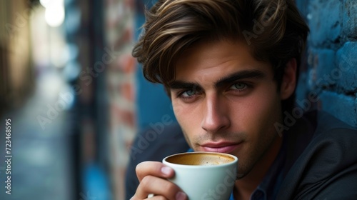 a handsome young brunette man holding and drinking a cup of coffee in his hand looking straight forward in camera. bluury background. professional model photo