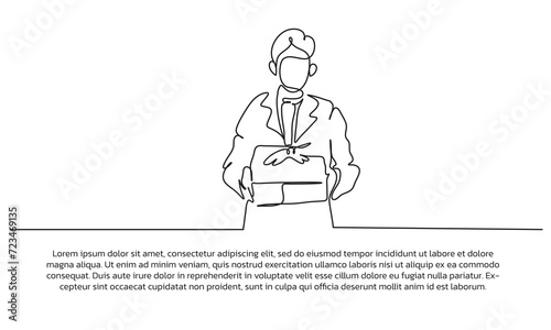 Continuous line design of a young man carrying a gift box. Single line decorative elements drawn on a white background.