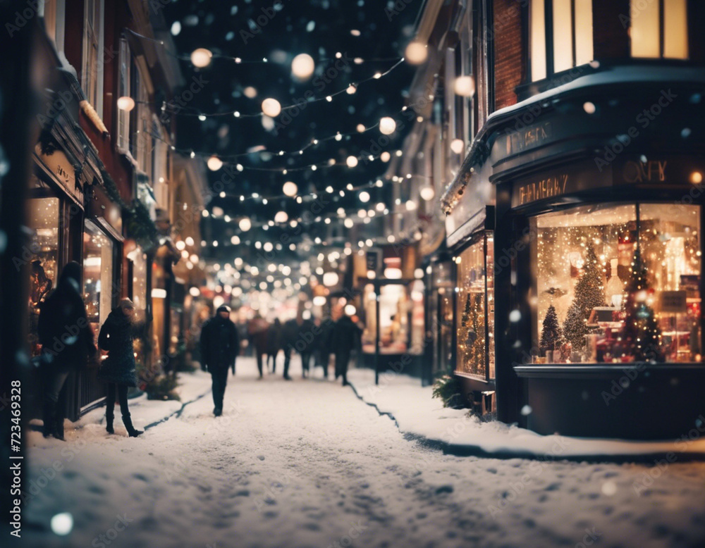 Christmas shops in the snow, city, at night, decoration, lights, people walking, shopping, cozy, street.
