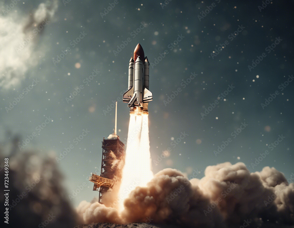  A rocket launching into space, detailed, realistic, smoke, fire, cinematic, space, stars
