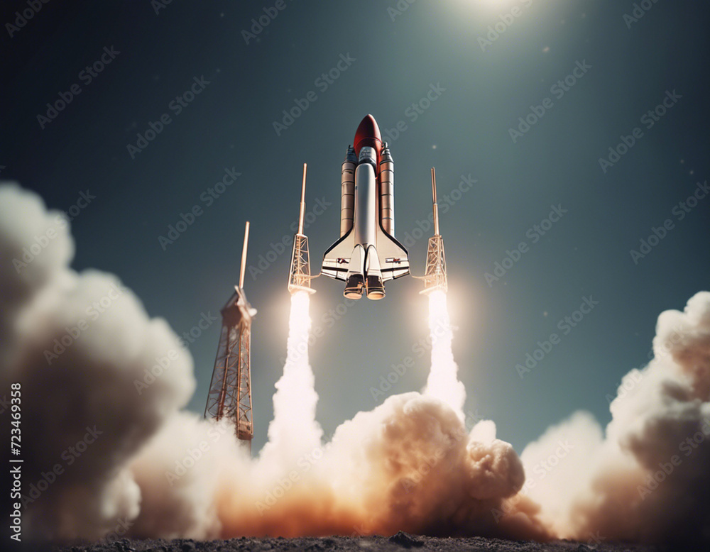  A rocket launching into space, detailed, realistic, smoke, fire, cinematic, space, stars
