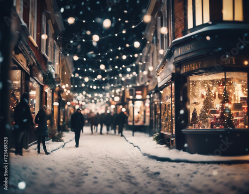 Christmas shops in the snow, city, at night, decoration, lights, people walking, shopping, cozy, street. 