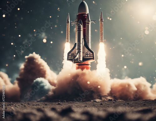  A rocket launching into space, detailed, realistic, smoke, fire, cinematic, space, stars 